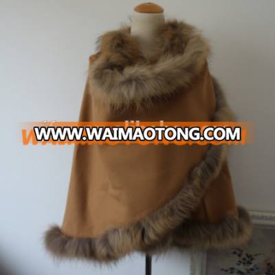 Latest Wool & Cashmere Outwear Womens brown fur cape With Raccoon fur Trim