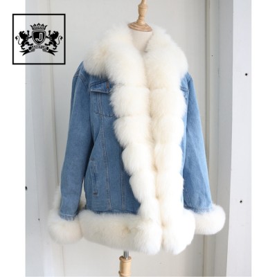 Winter trend women warm coats casual fashion fox fur interior denim jacket skin brush coat.